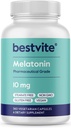 BESTVITE Melatonine 10 mg - 360 Veg Caps - Pas de stéarate - Pas de sucralose, Pas de dextrose, Pas de dioxyde de silicone, Pas de Mannitol - Vegan - Non-OGM - Sans gluten - Aide au sommeil pour soutenir les cycles de repos et de réveil