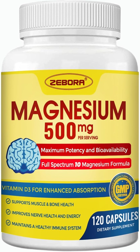 Supplément complexe de magnésium, 500mg de glycinate de magnésium avec citrate et malate, forme chélatée pour une absorption élevée avec zinc et vitamine D3 pour support nerveux, musculaire et os, 115 capsules