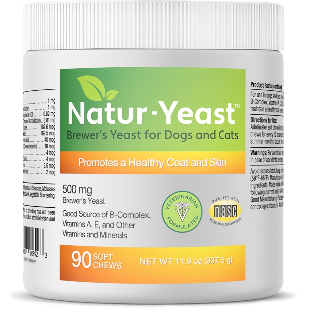 Green Pets Organics Natur-Yeast Brewer's Least for Dogs and Cats - Soutient le système immunitaire et la digestion, favorise une peau saine et un manteau brillant, 90 chews doux