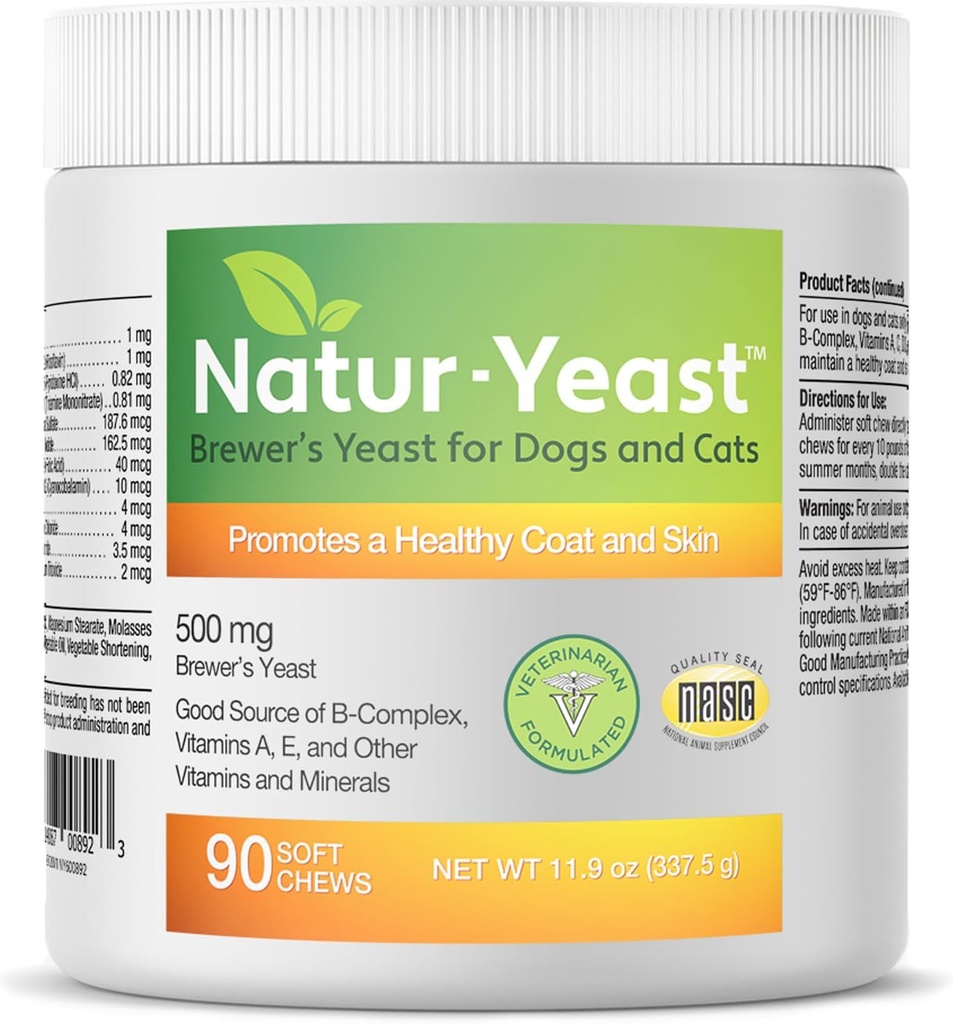 Green Pets Organics Natur-Yeast Brewer's Least for Dogs and Cats - Soutient le système immunitaire et la digestion, favorise une peau saine et un manteau brillant, 90 chews doux