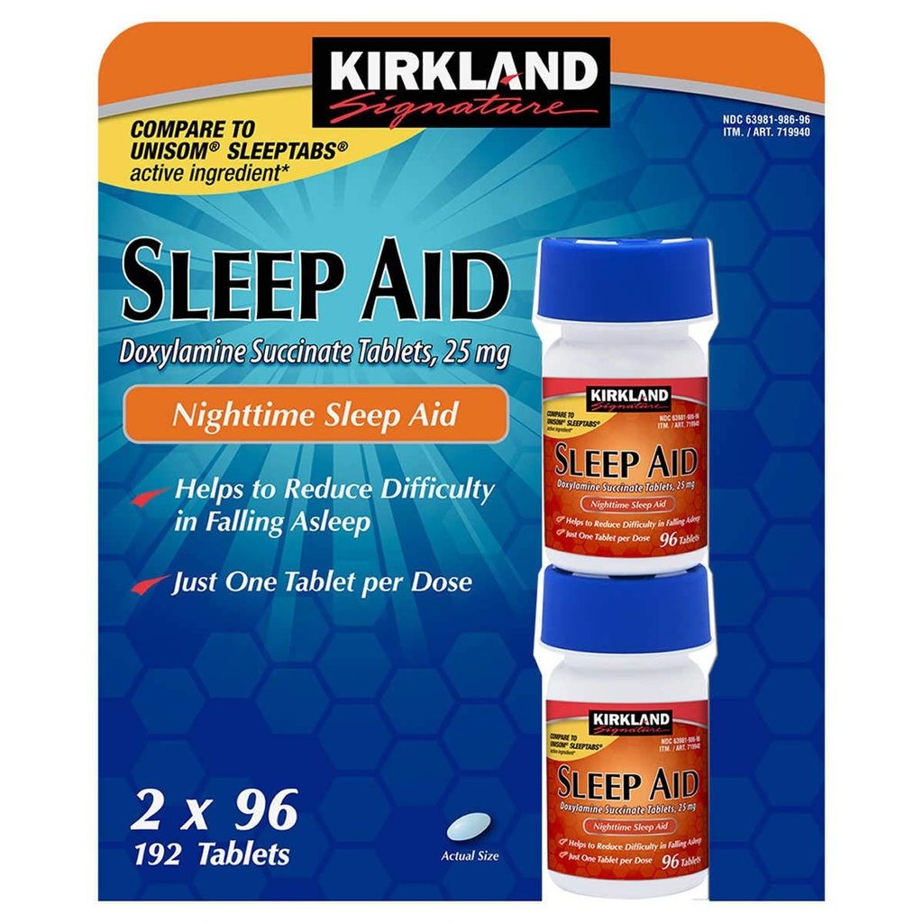 Cos7 Kirkland Signature Doxylamine Succinate Comprimés ,25mg AID de sommeil nocturne - 2 X 96 comprimés (192 comprimés Total)