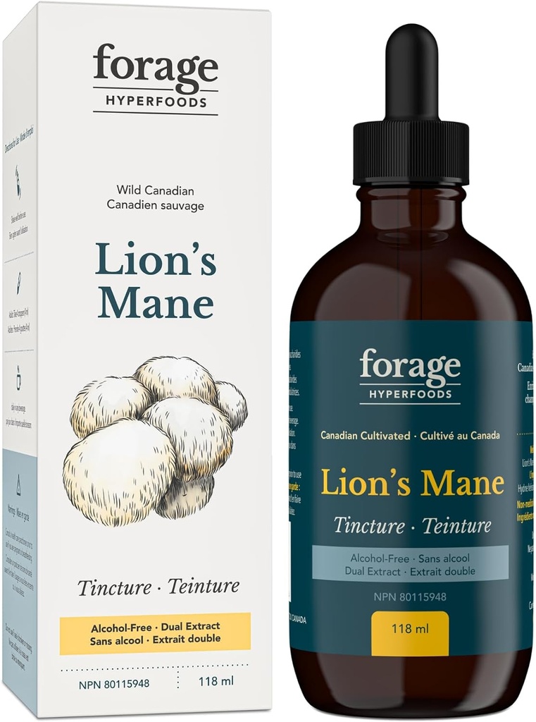Aliments pour le fourrage Hyperfoods- Sans alcool Canadian Grown Lion's Mane Mushroom Superfood Liquid Supplement Extraction Teinture, Vegan, Non-OGM, Natural Cerveau Aid- Amélioration de la mémoire et soutien nerveux 118ML