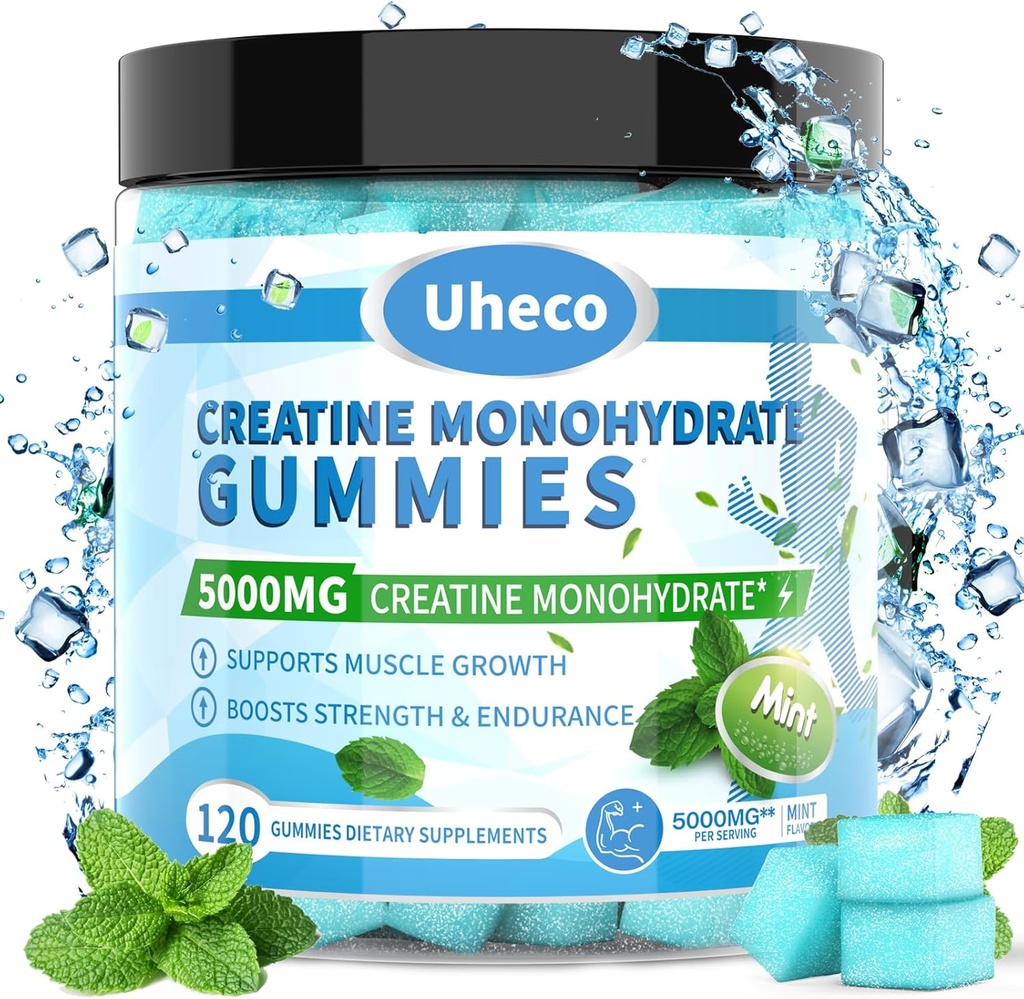 Mint Flavor Créatine Monohydraté Gommies 5000mg pour les hommes et les femmes,Contient L-Taurine + Vitamine B12, Betaine, L-Citrulline pour la force musculaire, Améliorer l'endurance de l'exercice -115 Compte