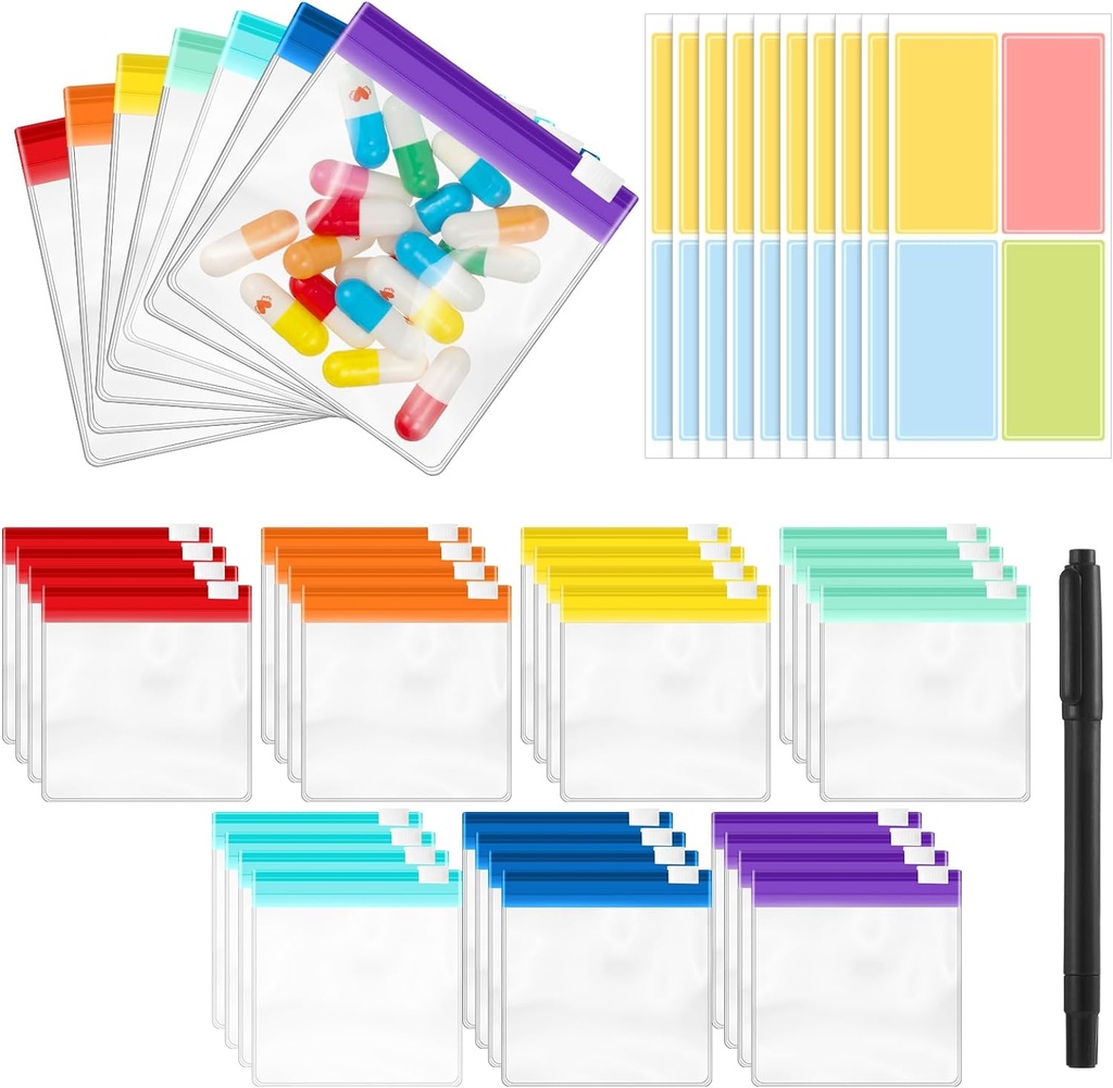 39 Pcs Pill Pouchs Sacs à pilules zippées pour les voyages réutilisables avec 28Pcs Petites Pill Organizer Pouches et 10pcs Sticker pour la médecine Organisateur Sacs