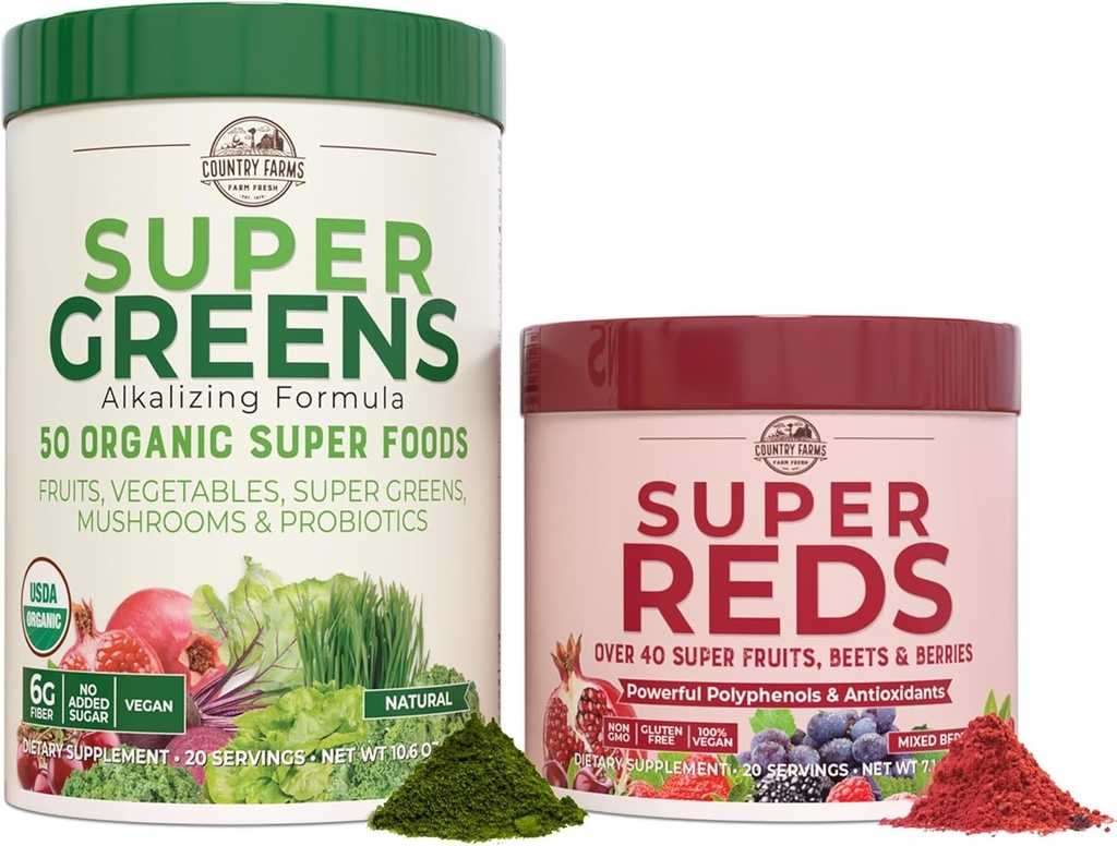 CARACTÉRISTIQUES DE PAYS Essential Pack, Super Greens Poudre et Super Reds, emballés avec 50 Super Foods Biologique et 40 Super Fruits, Énergie Naturelle, Soutien Bloating, Unflavor & Berry, 17,7 oz, 2 Pack