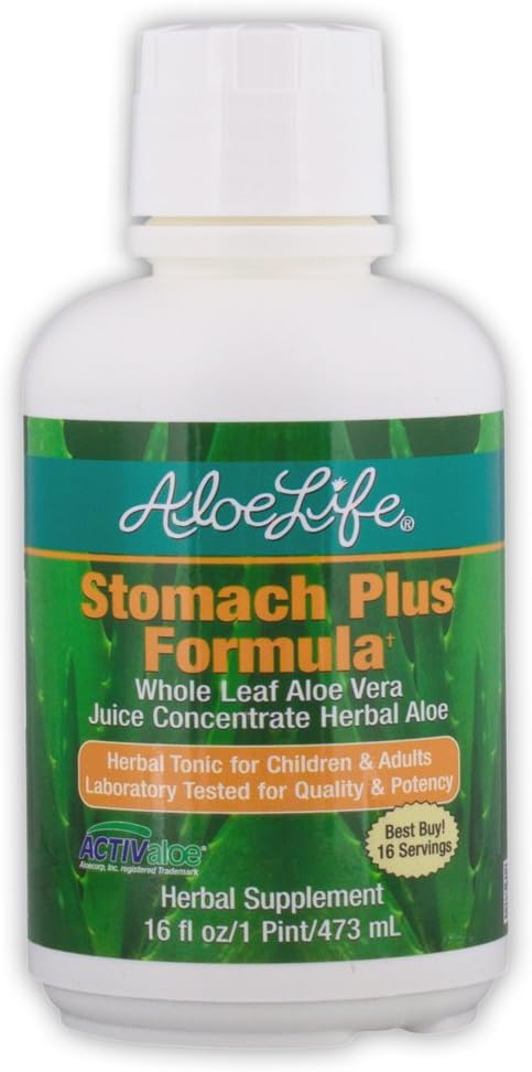 Aloe Life - Formule Stomach Plus, tonique à action rapide pour les enfants, les adultes et les aînés, soutient la digestion saine et aide à apaiser le gaz, le ballonnement et les nausées, Aloe Vera Concentrate, sans gluten (16 oz)