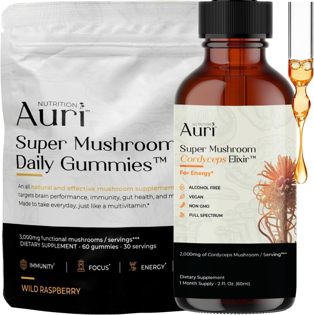 Auri Energy & Immune Boost Pack Super Mushroom Daily Gummies Cordyceps Elixir Bundle - Daily Wellness for Focus, Stamina, and Longevity - 60 Gummies + 60ml Tincture