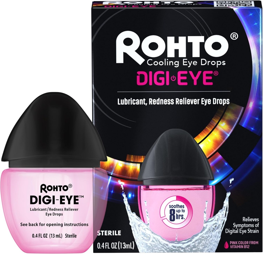 Rohto Digi-Eye Digital Eye Strain Eye Drops, Refroidissement de la souche de l'œil par les symptômes de la souche de l'œil numérique, Long Lasting, Soin de l'œil, gouttes pour les yeux rouges, fatigués 0,4 fl oz bouteille (Pack de 2)