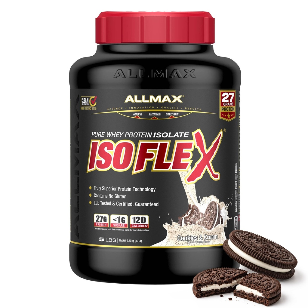AllMAX Nutrition - ISOFLEX Poudre de protéines de lactosérum, Isolation de protéines de lactosérum, 27g Protéines, Cookies et Crème, 5 livres