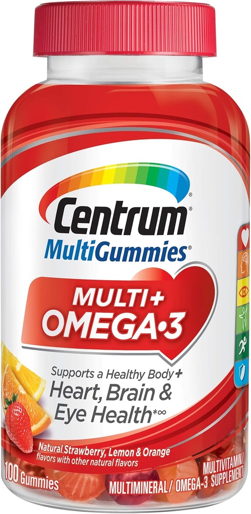 Centrum MultiGommies Omega 3 Multivitamine Gummy pour adultes, Supplément multivitamine/multiminéral, Fraise/Lémon/arômes d'orange - 100 Comte