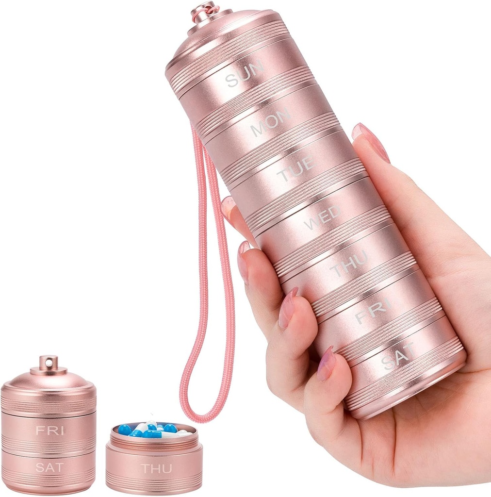 Organisateur de pilules métalliques 7 jours - Imperméable hebdomadaire Pill Box Daily Pill Case avec 7 compartiments, Pill Container for Vitamine Medicine Supplements Fish Oil, Rose