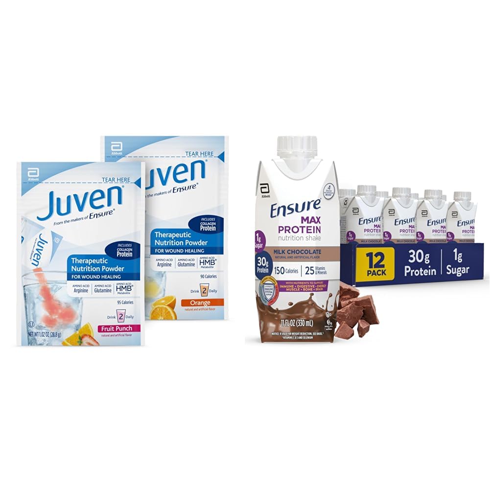 Juven Therapeutic Nutrition Drink Mix Powder for Wound Healing Support, Inclut Collagen Protein & Assure Max Protein Lait Chocolat Nutrition Shake, 30g Protein, 1g Sucre, 4g Comfort Fibre Blend