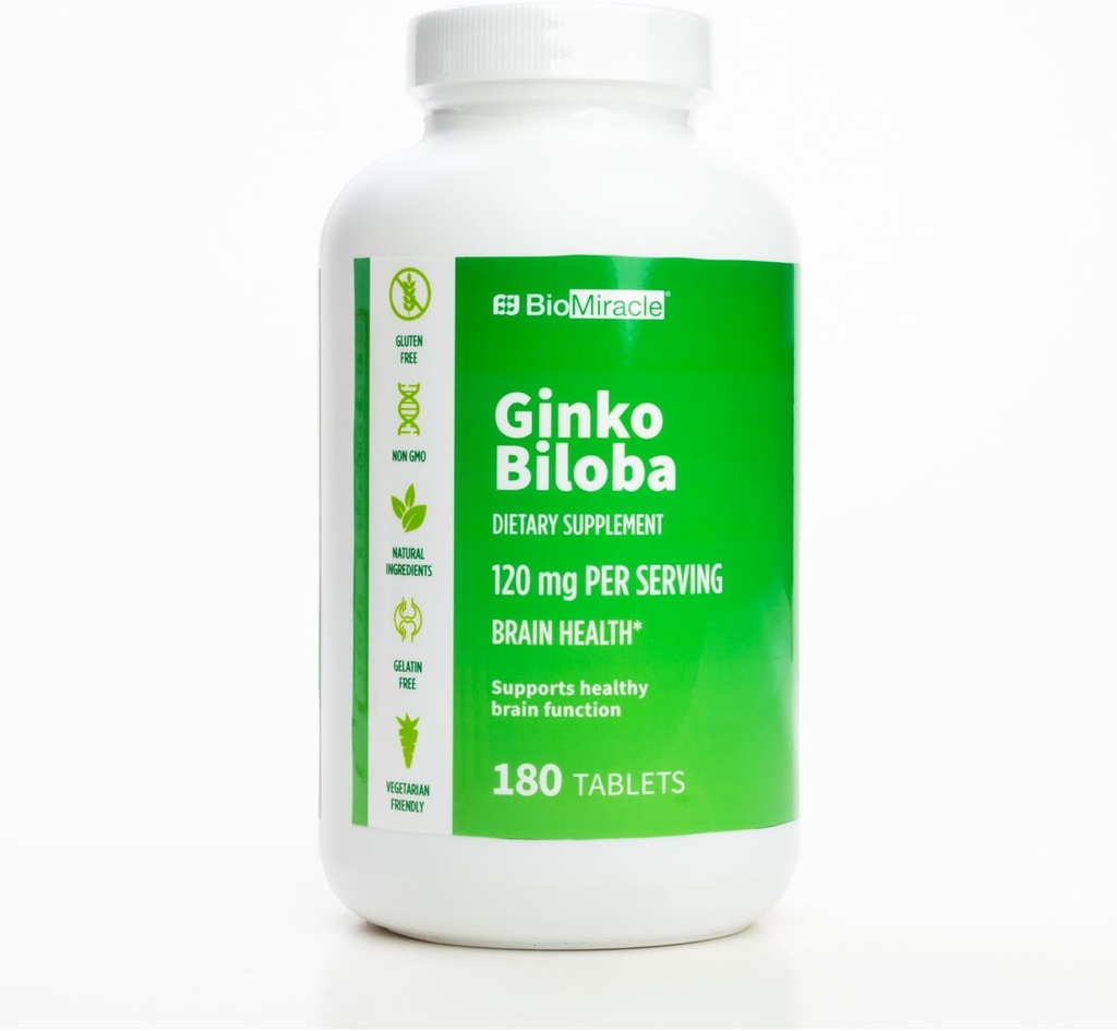 BioMiracle Ginkgo Biloba Dietary Supplément 120 mg Par service, santé du cerveau, soutient une fonction cérébrale saine 180 Capsules