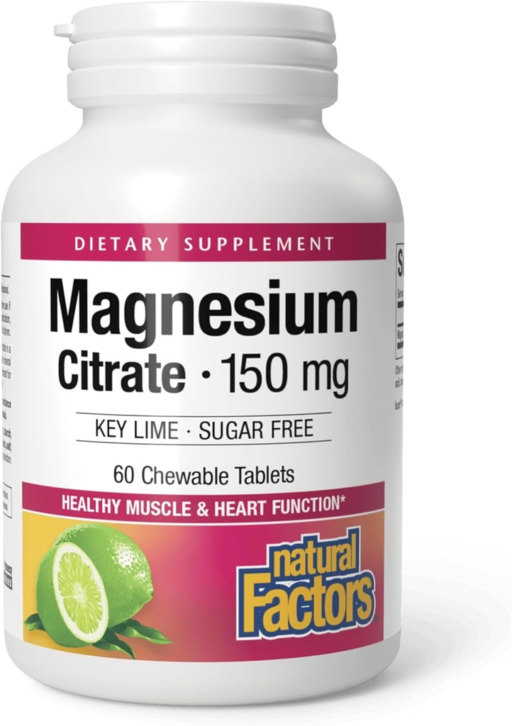 Facteurs naturels Citrate de magnésium, 150 mg, comprimés à croquer, soutient la fonction nerveuse, musculaire et cardiaque, chaux clé, sans sucre, 60 Compte
