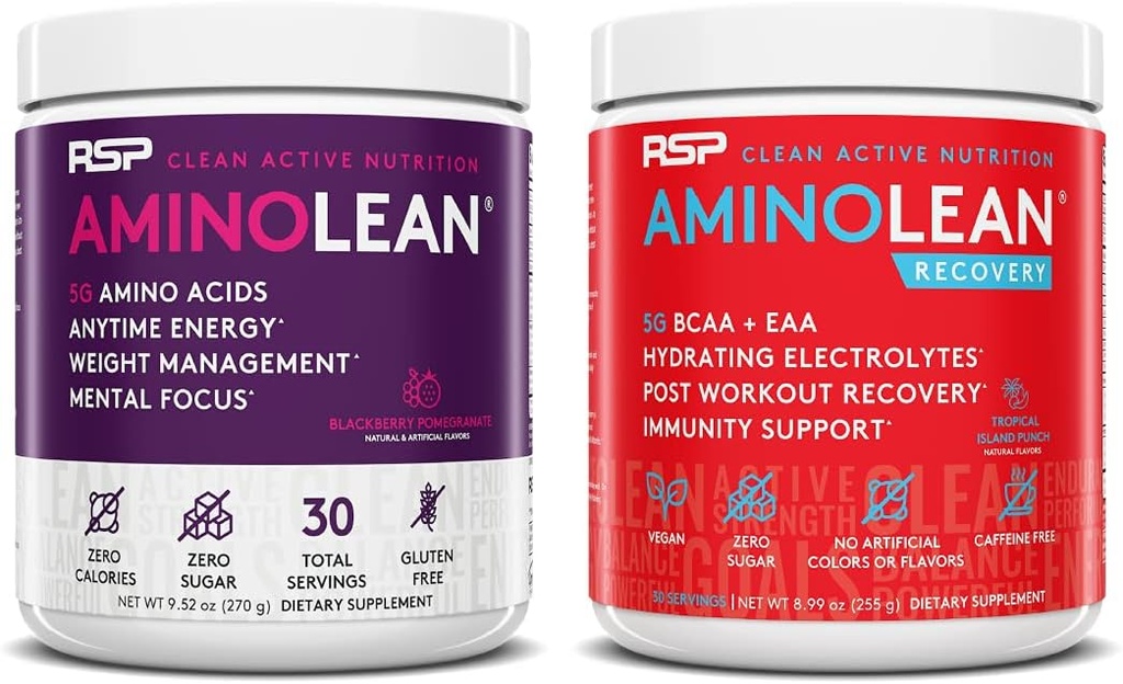 RSP NUTRITION AminoLean Pre Workout Energy (BlackBerry Pomegranate 30 Servings) with AminoLean Recovery Post Workout Boost (Tropical Island Punch 30 Servings)