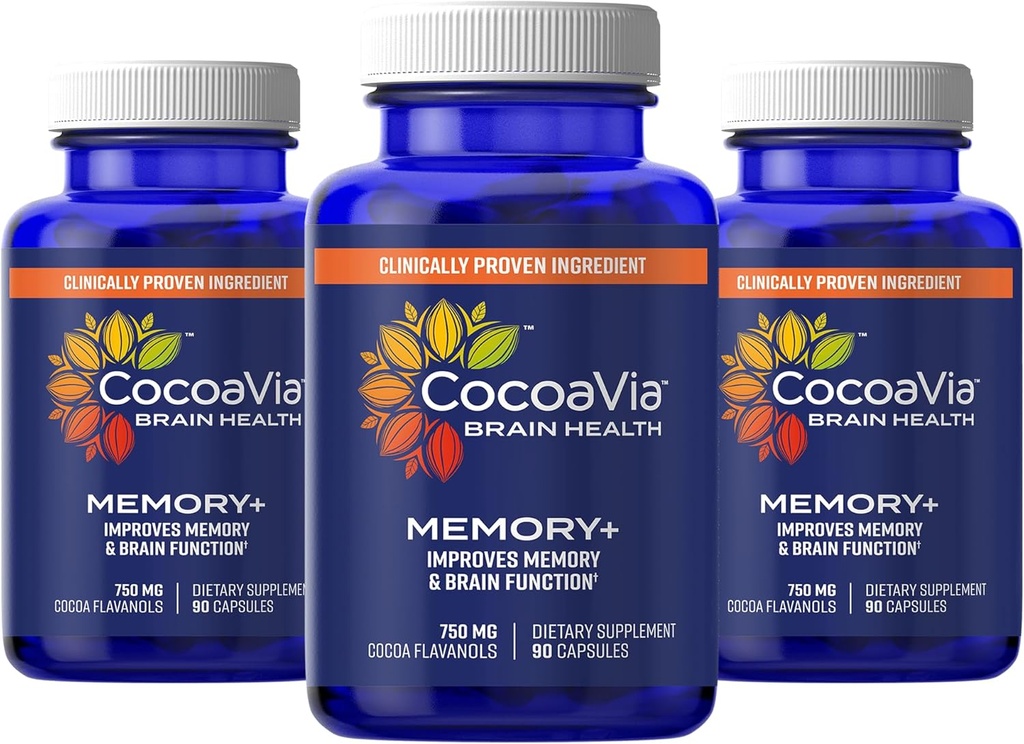 CocoaVia Memory+ Cerveau Supplément, 90 jours, 750 mg Cocoa Flavanols, Mémoire et Booster Cerveau, Vegan, à base végétale, sans gluten, 270 capsules