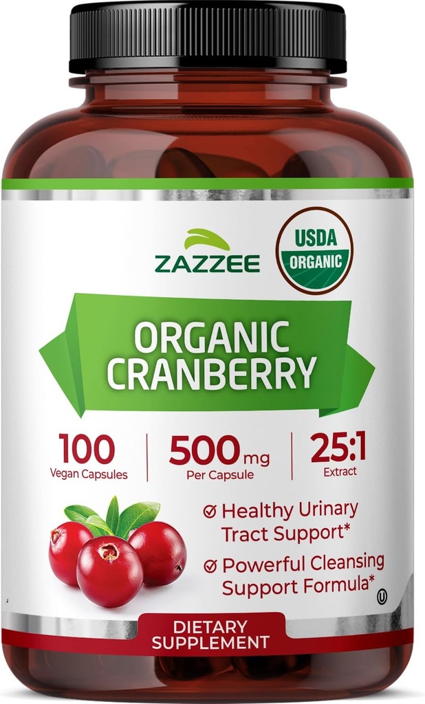 Zazzee USDA Extrait de canneberge biologique 25:1, 500 mg par capsule, 100 capsules végétaliennes, plus de 3 mois d'approvisionnement, normalisé, extrait concentré 25X, 100% végétarien, certifié biologique, non-OGM tout naturel