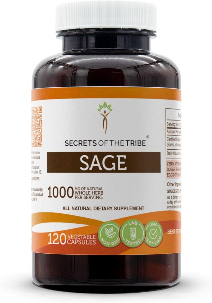 Secrets de la Tribe Sage 120 Capsules, 1000 mg, Sage (Salvia officinalis) Feuille séchée (120 Capsules)