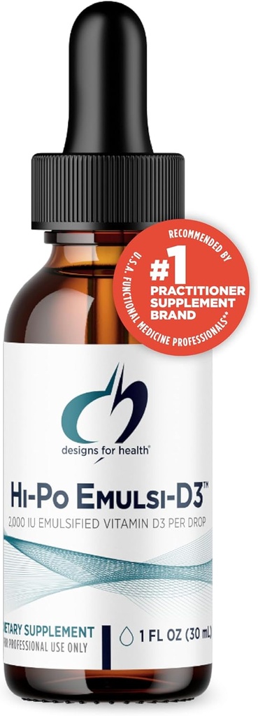 Designs for Health Hi-Po Emulsi Vitamine D gouttes - Vitamine liquide D 2000 UI, Vitamine hautement concentrée D3 - Bone Health + Supplément de soutien immunitaire - 2000 UI par goutte (1000 portions / 1 once)
