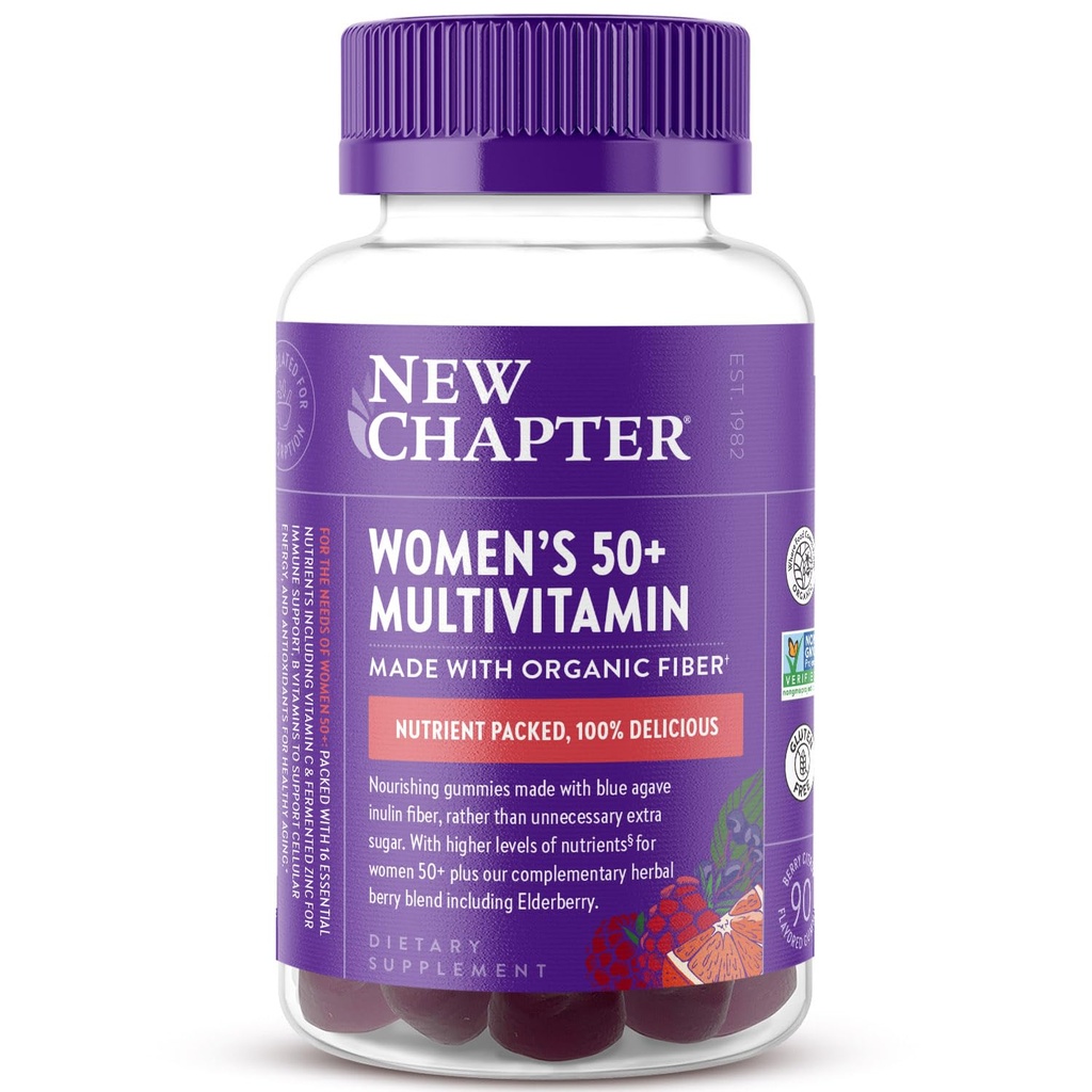 Nouveau chapitre Femmes 50+ Gummées multivitamines – 52% Moins de sucre, FemmesÂ Vieillissement en santé Vitamines gummées avec vitamine C, B Vitamines et zinc, Non-OGM, Sans gluten, Citrus aromatisé, 90 ct