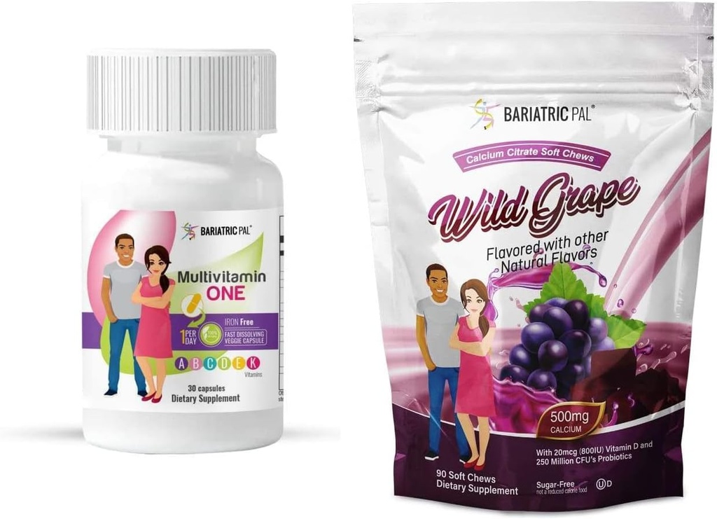 BariatricPal Interrupteur Duodénal Complete 30 jours d'approvisionnement Vitamine Pack (Gélule sans fer Citrate de calcium Mâches molles avec probiotiques - Raisin sauvage)