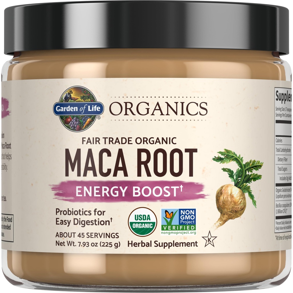 Jardin de la vie Organics Fair Trade Gélatized péruvien Maca Root Energy Boost 7,93 oz (225g) poudre avec probiotiques, certifié biologique, non-OGM, végétalien et sans gluten suppléments à base de plantes
