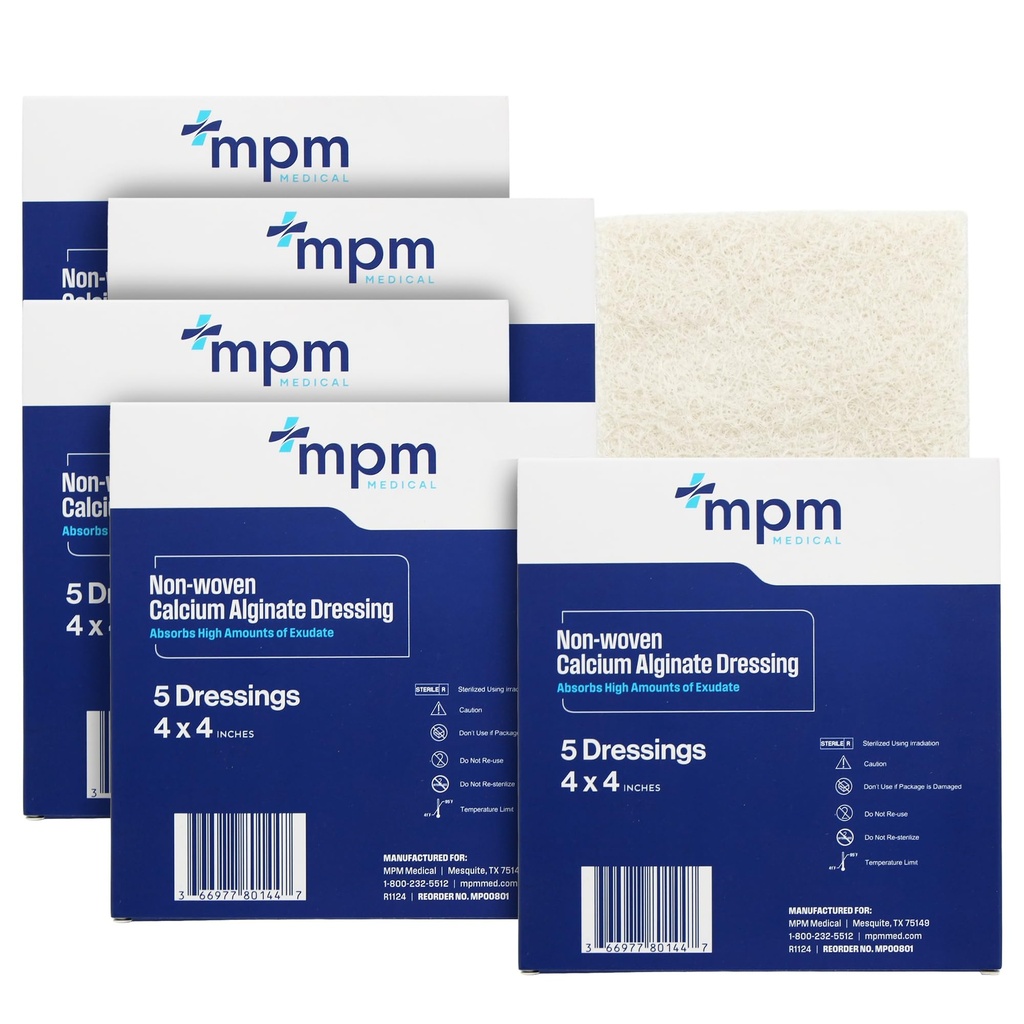 Calcium Alginate Dressing, 4"x4" [Boîte de 5] Stérile, MPM Medical