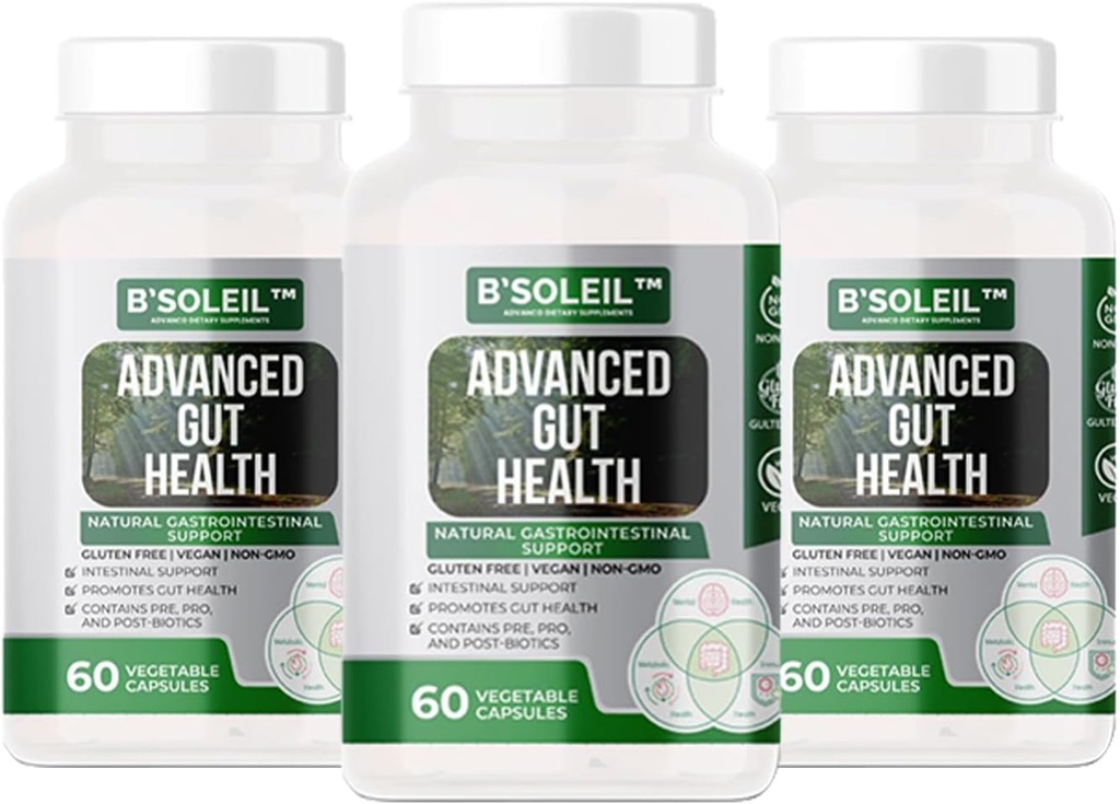 B.SoleilTM Pack de 3 probiotiques avancés de la santé des intestins - Pré, Pro et post-biologie - Soutien gastro-intestinal naturel - Sans gluten, végétalien et non-OGM - 25 milliards CFU - 60 capsules dans chaque emballage
