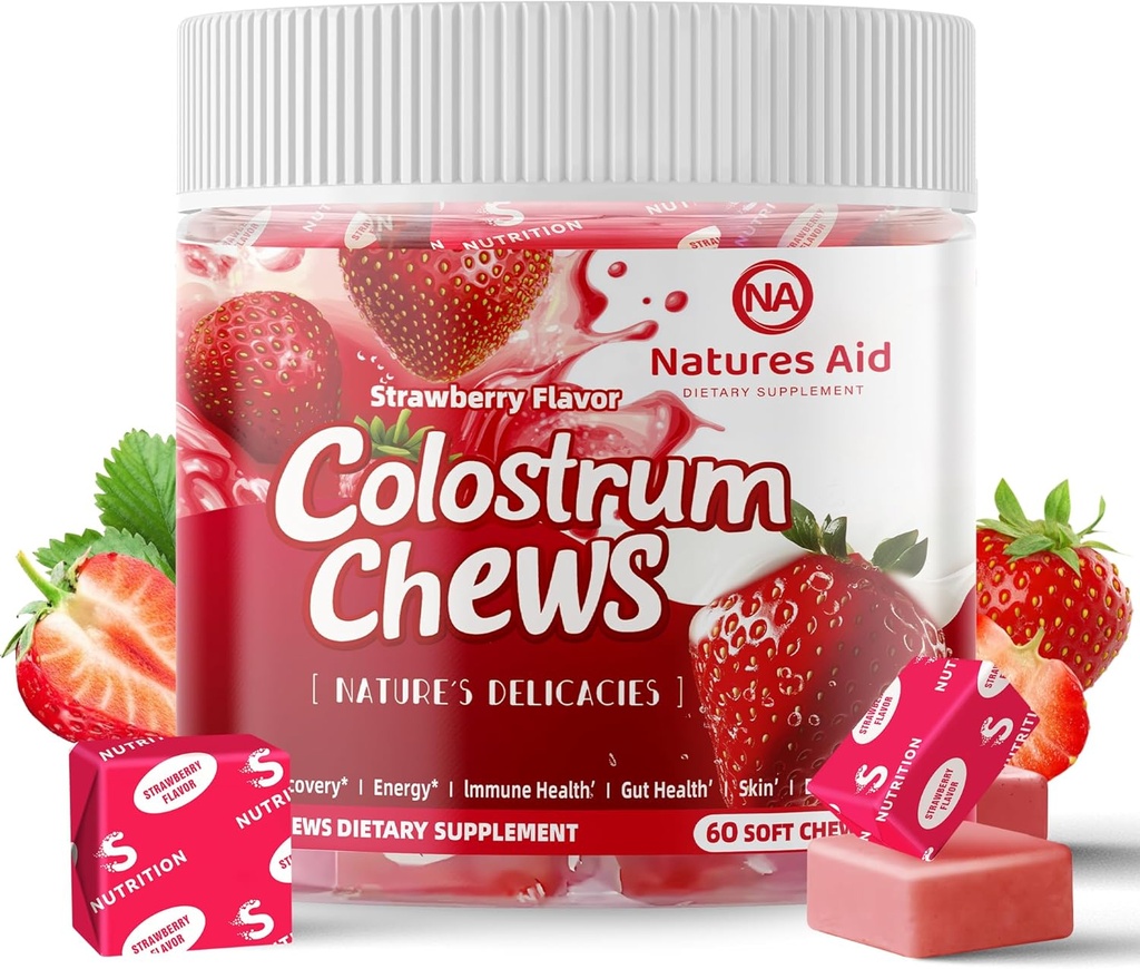 Colostrum Chews supplément avec des probiotiques pour la santé de Gut, Bloating, Immune Support, la peau, la croissance des cheveux et la beauté - Fraise Flavor (60 portions)
