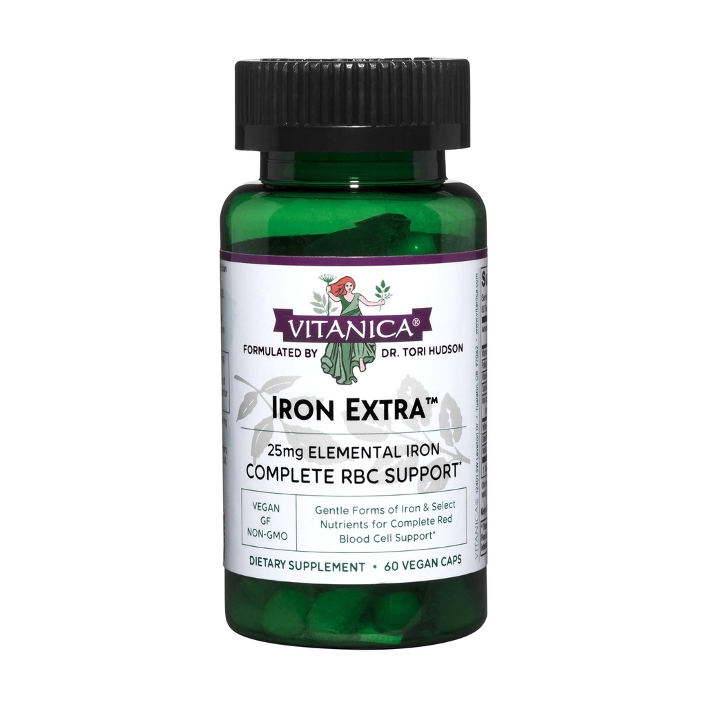 Vitanica Iron Extra, supplément de fer Absorption améliorée avec la vitamine C 500mg, méthylfolate 400mcg, B12 Vitamine 500mcg, Calcium, Dock jaune, Extrait de racine de dandelion et de feuille de neige, végétalien, 60 Capsules