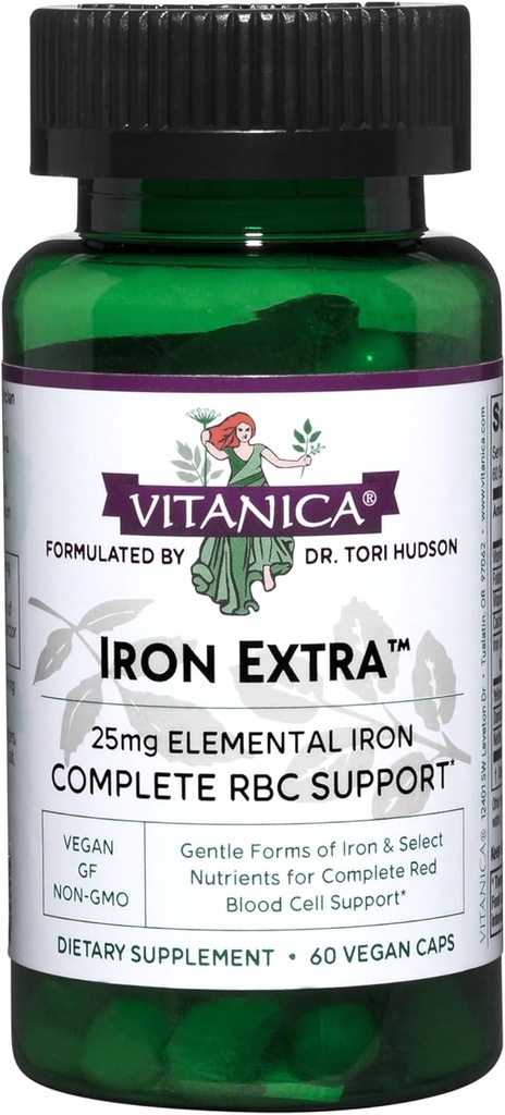 Vitanica Iron Extra, supplément de fer Absorption améliorée avec la vitamine C 500mg, méthylfolate 400mcg, B12 Vitamine 500mcg, Calcium, Dock jaune, Extrait de racine de dandelion et de feuille de neige, végétalien, 60 Capsules