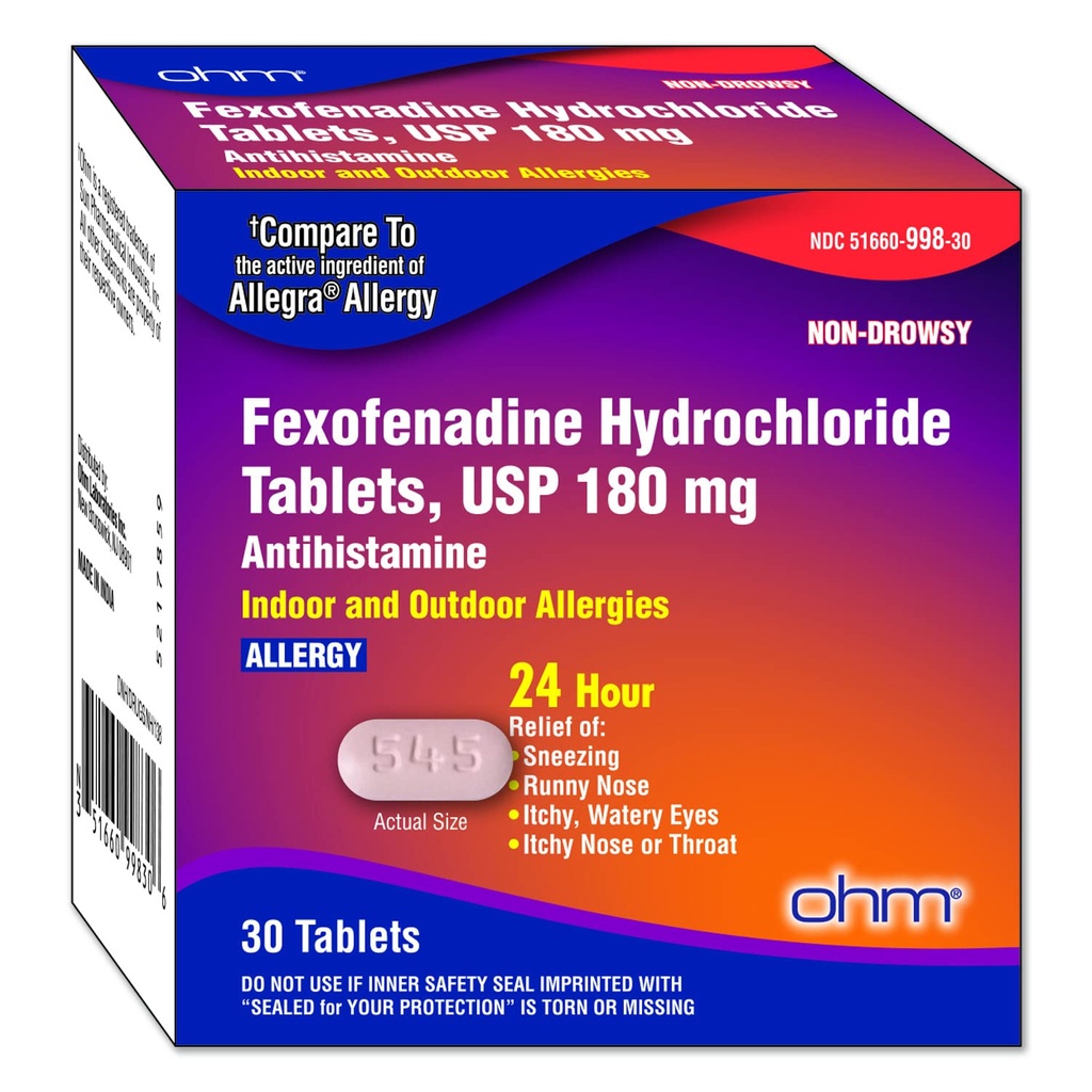 Ohm Comprimés anti-allergie à l'intérieur de l'antihistaminique Fexofenadine non somnolente 30ct
