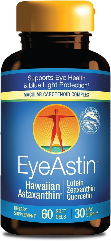 EyeAstin, BioAstin Hawaïen Astaxanthine avec Lutéine et Zeaxanthine, soutient la santé des yeux naturellement, 60 Compte
