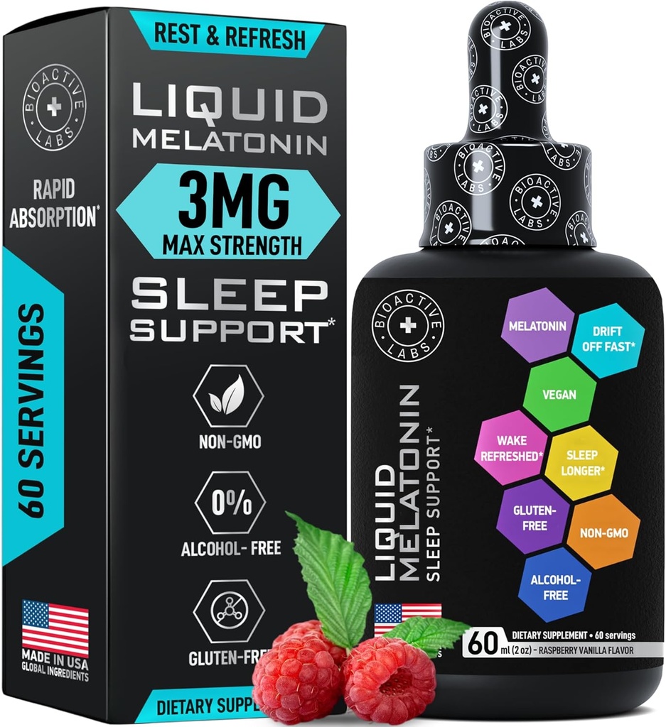 Melatonine liquide pour les adultes et les enfants - 3mg Melatonine liquide sublinguale pour les enfants et les adultes - Sleep Fast Liposomal Drops - Aide au sommeil naturel aux framboises - 60ml