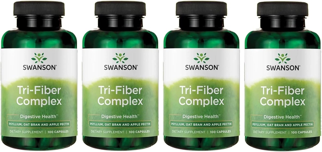 Swanson Tri-Fiber Complex - Digestive Health Supplement Made with Psyllium, Oat Bran, & Apple Pectin - (100 Capsules) (4 Pack)