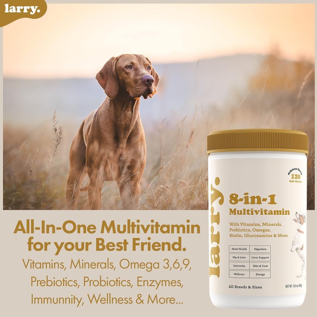 Larry 8-en-1 Chien multivitamines: Cœur, digestion, foie, peau, manteau, et soutien articulaire pour chiens.