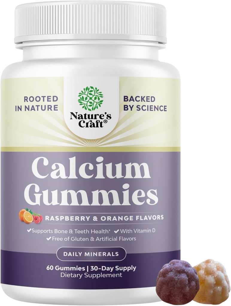 Gommies de calcium à haute absorption avec vitamine D3 - Calcium délicieux 500 mg Gommies pour adultes - Supplément à la vitamine D à croquer pour os santé et immunosupport sans gélatine 60ct (1 paquet)