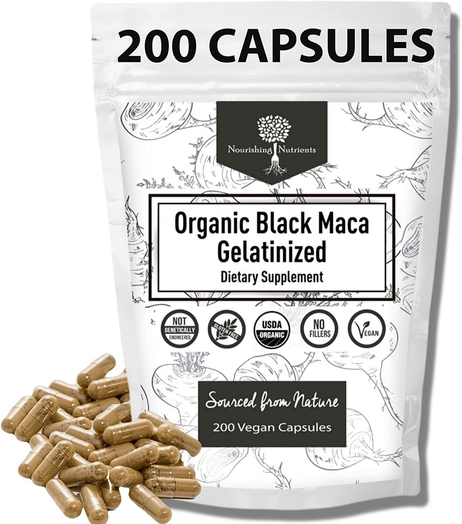 Maca noir gélatinisé biologique – 3X plus forte 200 capsules pour les hommes et les femmes, supplément d'énergie naturelle pour la concentration, la performance, l'endurance et l'endurance, amélioration de l'humeur et stabilité, clarté mentale 1000mg