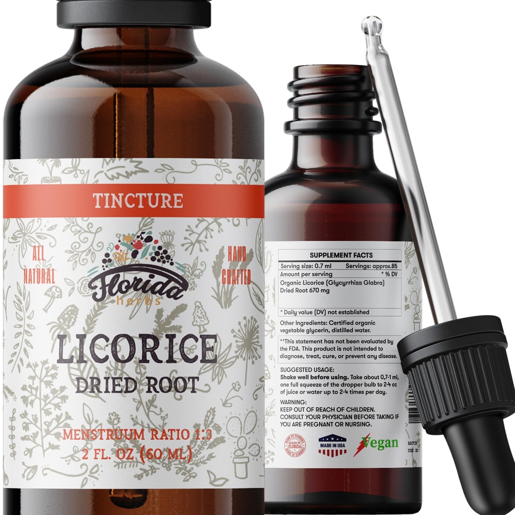 Teinture de réglisse, Extrait de réglisse biologique (Glycyrrhiza Glabra) Racine séchée, supplément à base de plantes, non-OGM dans Glycérine végétale biologique pressée à froid 2 oz, 670 mg