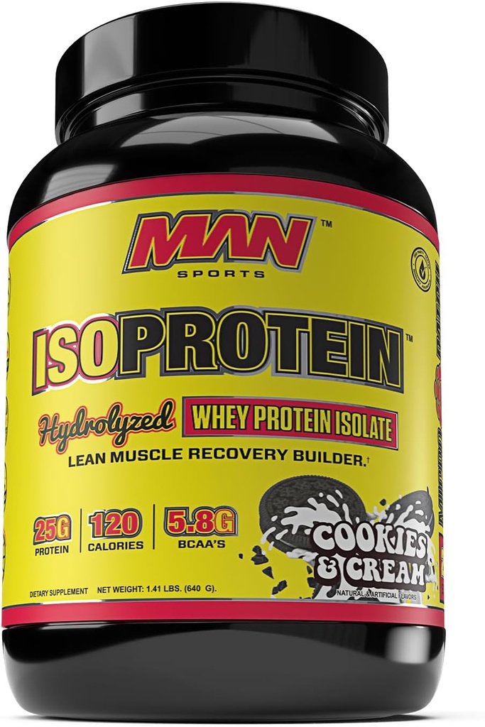 MAN Sports New Flavor ISO-Protein hydrolysé 100% pur Whey Protein Isolate poudre, biscuits et crème, 1,42 livres (20 jours d'approvisionnement)