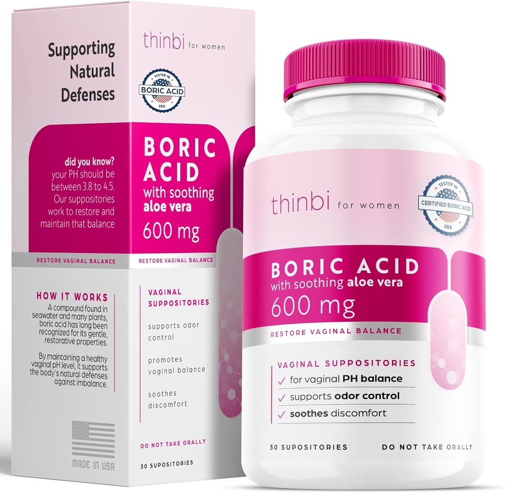 Suppositoires d'acide borique thinbi pour les femmes avec/Aloe Vera - Traitement BV et équilibre PH pour le traitement de la vaginose - pour soutenir la santé intime avec/Cliniquement étudié Acide borique 30 Compte