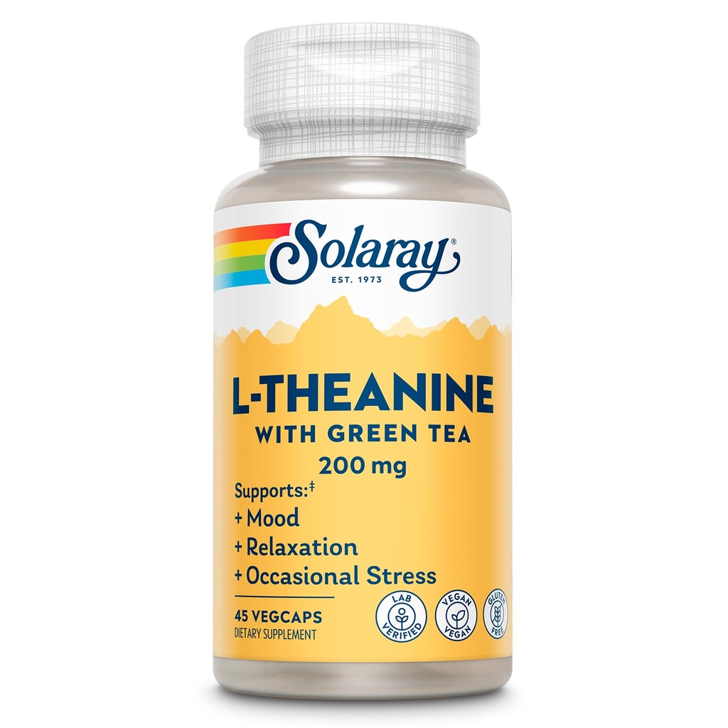 SOLARAY L-Theanine 200mg avec thé vert - Hygiène, relaxation et support de stress occasionnel - Lab Vérifié, végétalien, sans gluten - 45 portions, 45 VegCaps