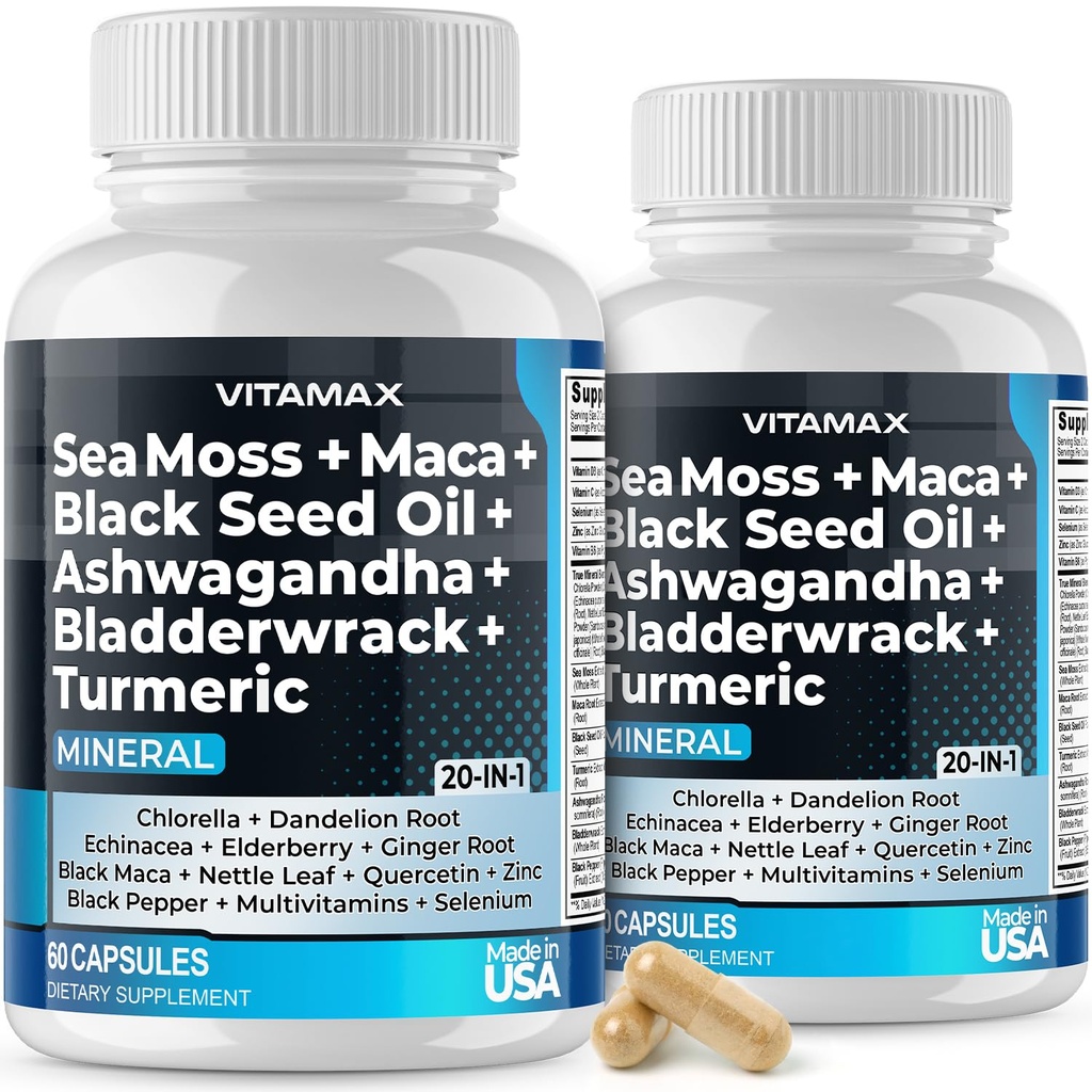 Moss, Maca, Huile de graines noires, Ashwagandha, Bladderwrack, Turmeric - Elderberry, Vitamines C & D3, Dandelion et poivre noir - Fabriqué aux États-Unis- 120ct