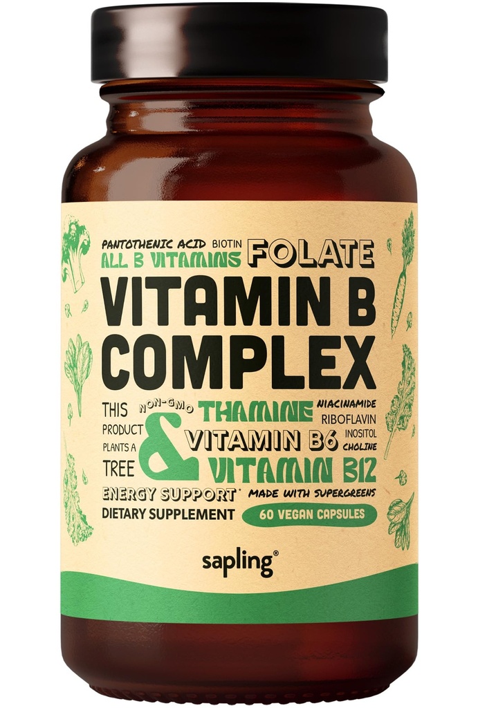 complexe végétalien de la vitamine B - mélange alimentaire entier avec les vitamines B essentielles B1, B2, B3, B5, B6, B7, Folate, B12-60 Caps