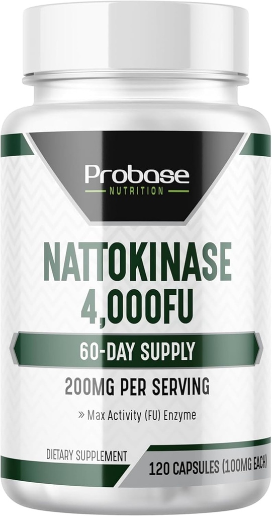 Probase Nutrition Nattokinase Supplément 4 000 FU Servants, 120 Capsules (Dérivés de Natto japonais) Enzymes systémiques pour le soutien cardio-vasculaire et circulatoire