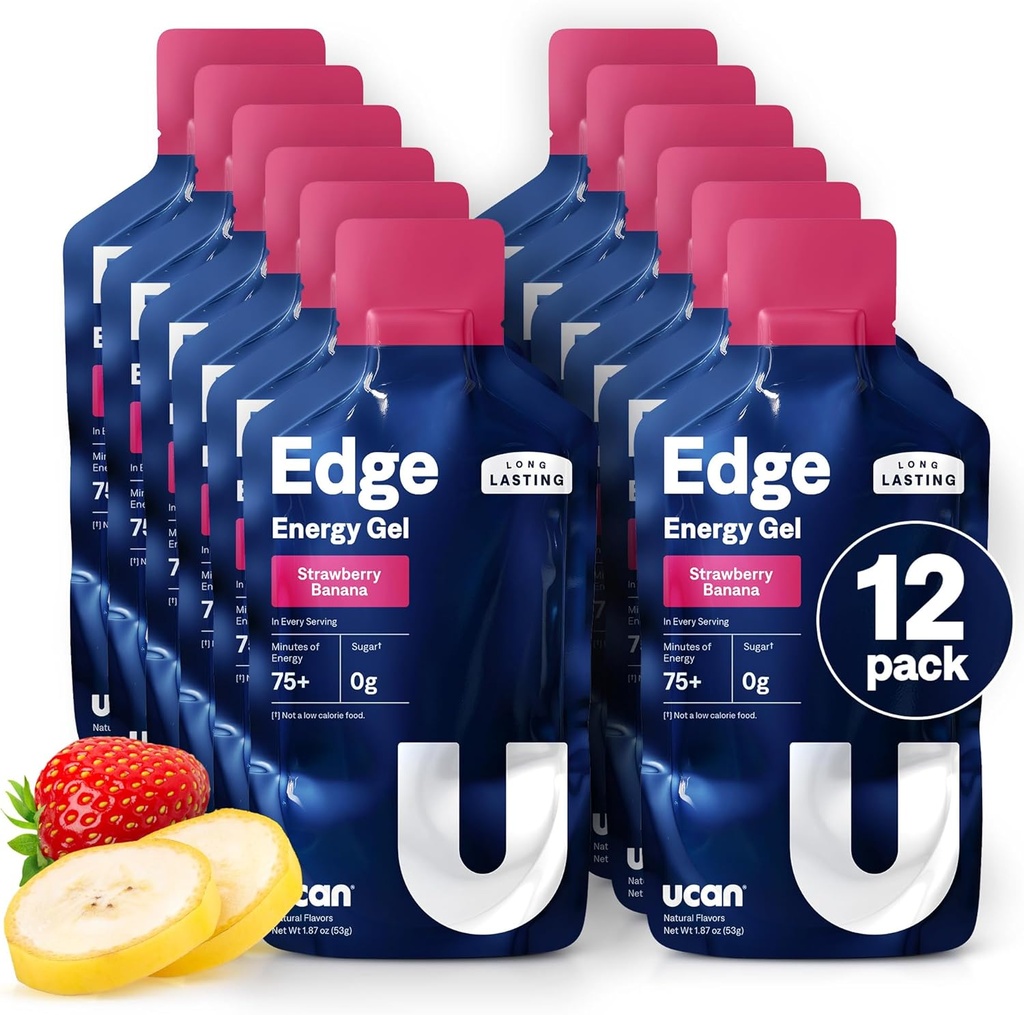 UCAN Edge Energy Gel Shots, Strawberry Banana (12, 2 Ounce Packets) for Running, Training, Workouts, Fitness, Cycling, Crossfit | Sugar-Free, Vegan, & Keto Friendly Energy