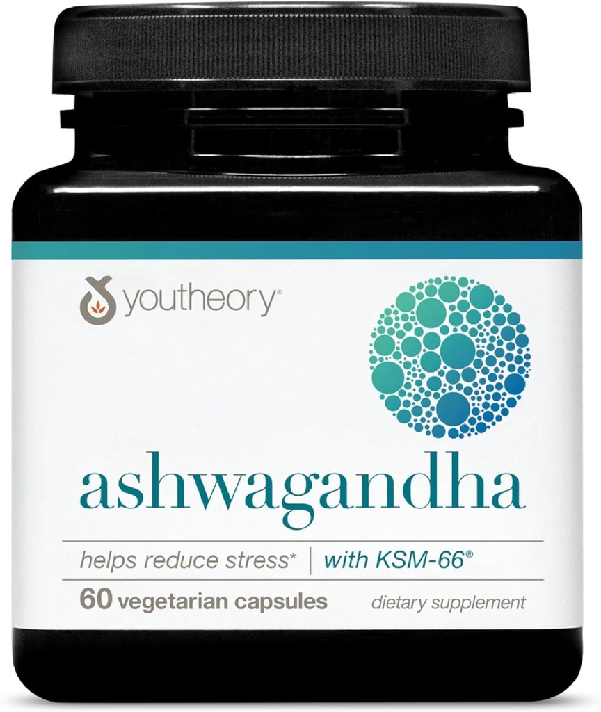 Youtheory Ashwagandha - 1000 mg - Supplément de soutien pour l'énergie, le sommeil, le stress et le cortisol - Mélange à base de plantes adaptogènes avec KSM-66 Ashwagandha & Ginger - 60 capsules végétariennes (30 jours d'approvisionnement)