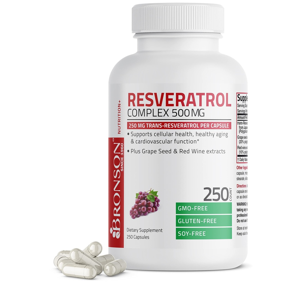 Bronson Resveratrol 500 Complexe Standardisé Trans-Resveratrol + Graine de raisin et extrait de vin rouge, 250 Capsules