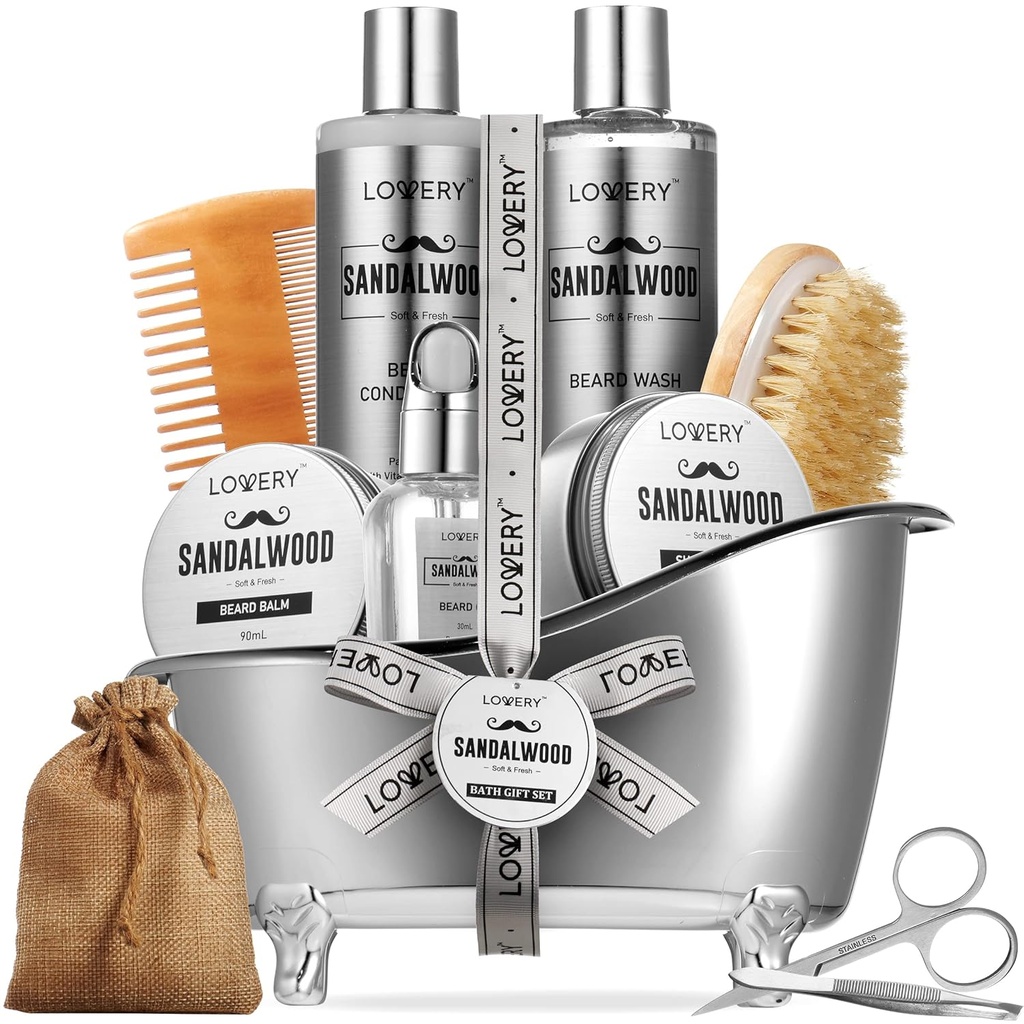 Cadeaux pour hommes, kit de grooming de barbe de sandale, kit de grooming pour hommes pour petit ami papa, lui, 11pc lightener de barbe pour les hommes soins de barbe, la croissance de barbe et le cadeau de trimming, l'huile de croissance de lavage de barbe et plus