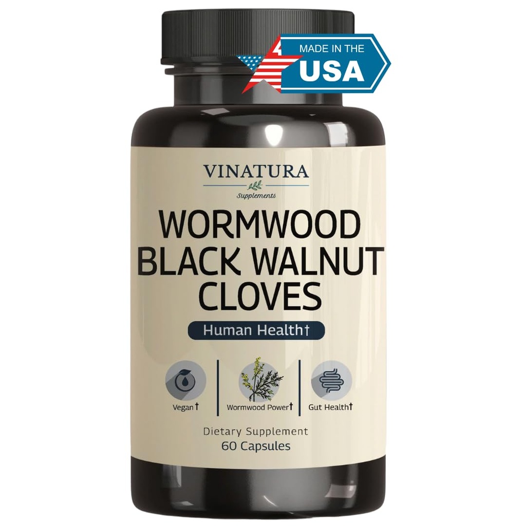 VINATURA Wormwood Black Walnut Clove Capsules - Cleanse, Detox, Supplément de formule de garde intestinale pour les humains, avec l'herbe de wormwood, combinaison d'extrait de noyer noir, 60 capsules